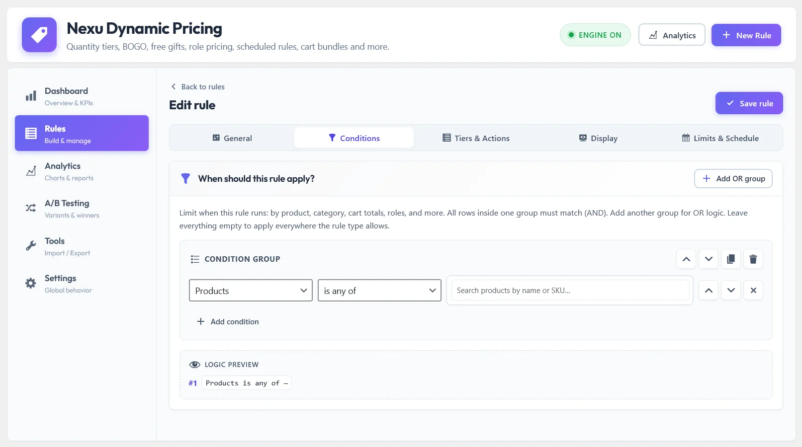 Edit rule conditions tab in Nexu Dynamic Pricing