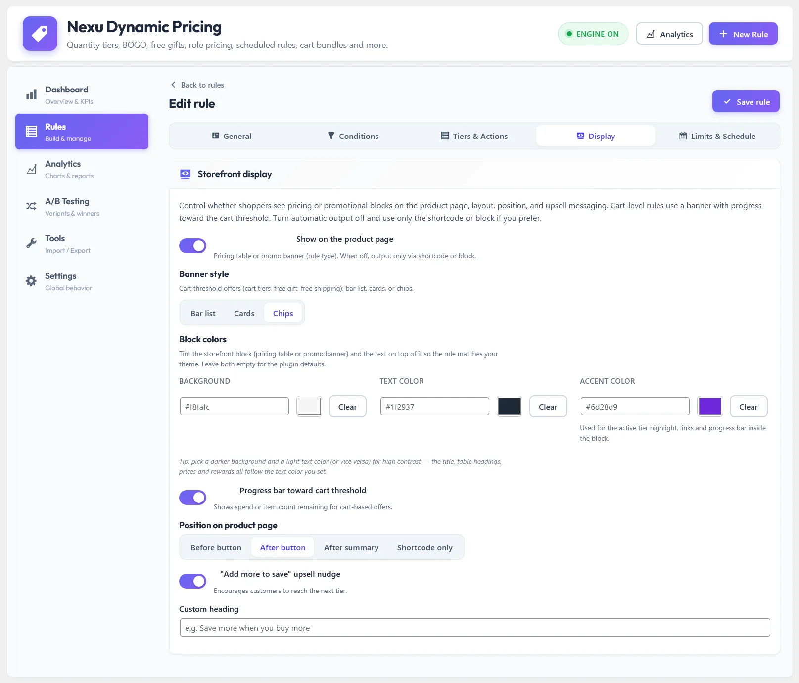 Edit rule display tab in Nexu Dynamic Pricing