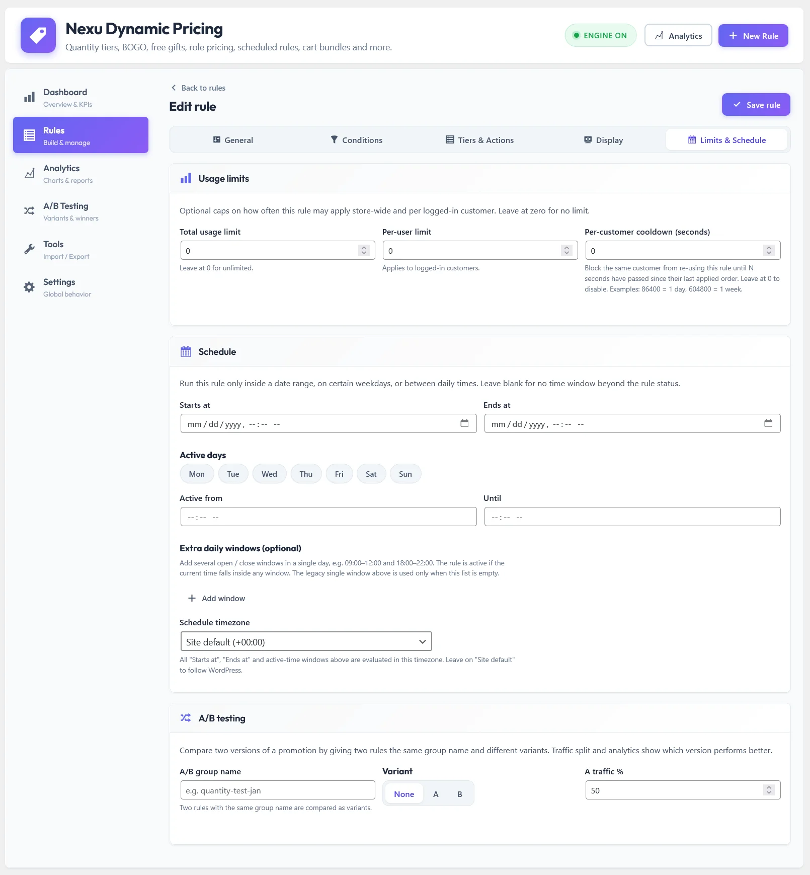 Edit rule schedule and limits tab in Nexu Dynamic Pricing