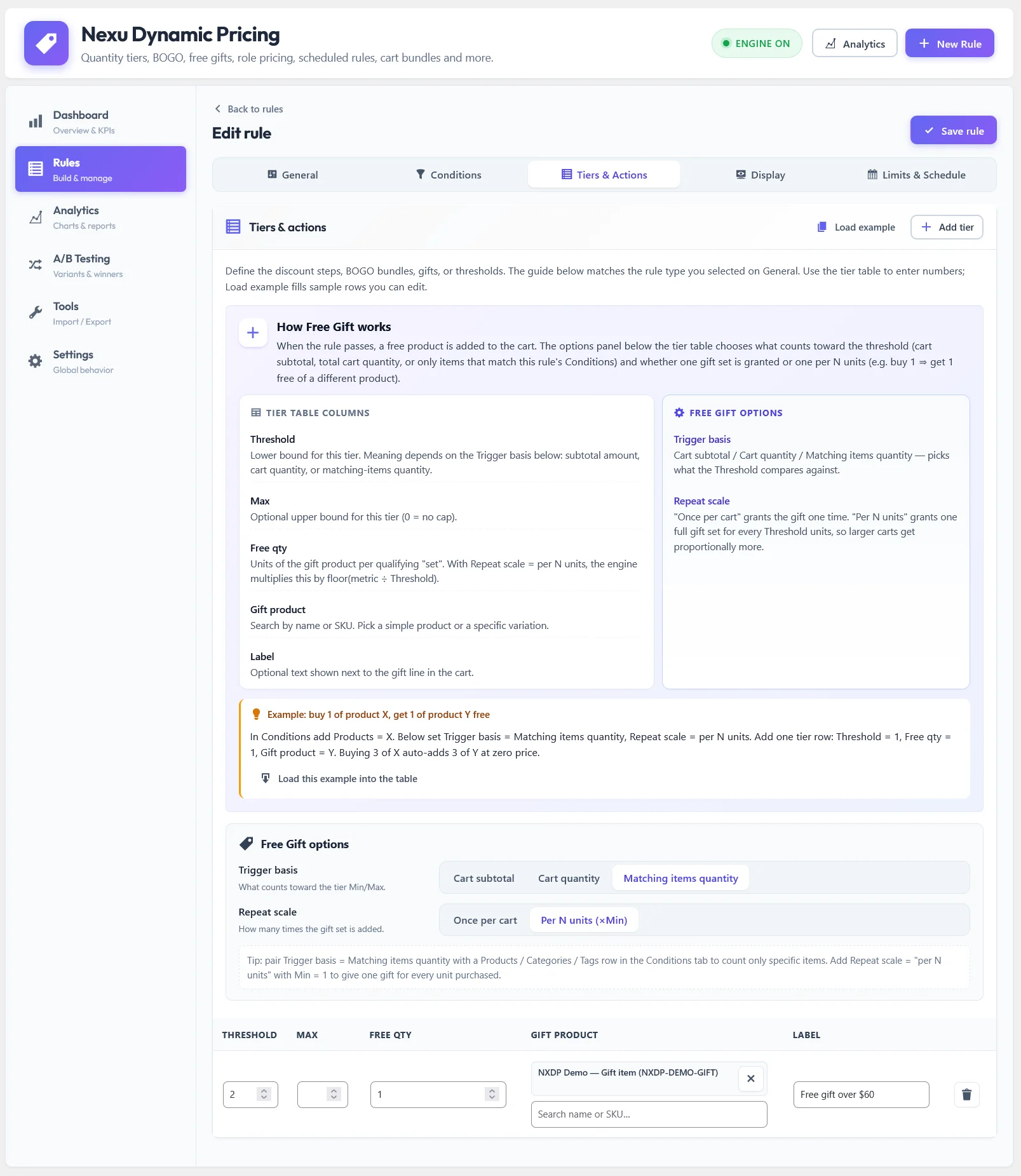 Edit rule tiers and actions tab in Nexu Dynamic Pricing