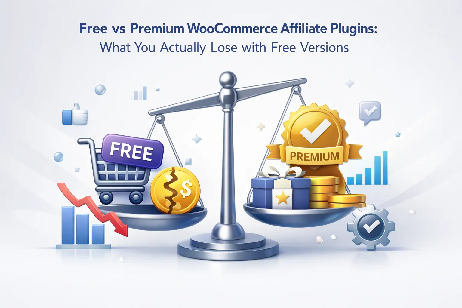 Free vs Premium WooCommerce Affiliate Plugins: What You Actually Lose with Free Versions 1 Free versus premium WooCommerce affiliate plugins comparison showing feature differences, commission tracking capabilities, and payout management systems