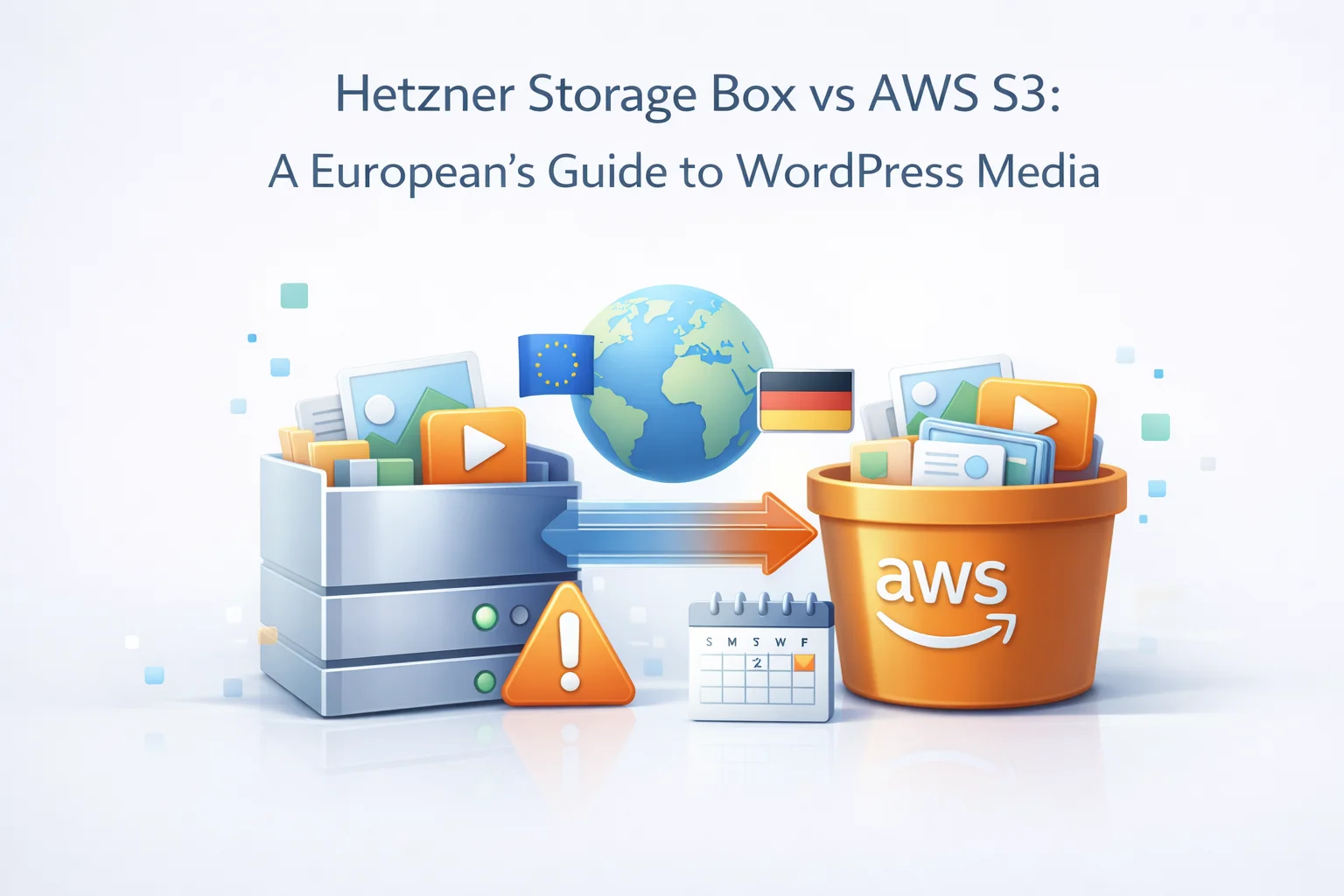 Hetzner Storage Box versus AWS S3 comparison for European WordPress media storage showing cost performance and GDPR data residency differences