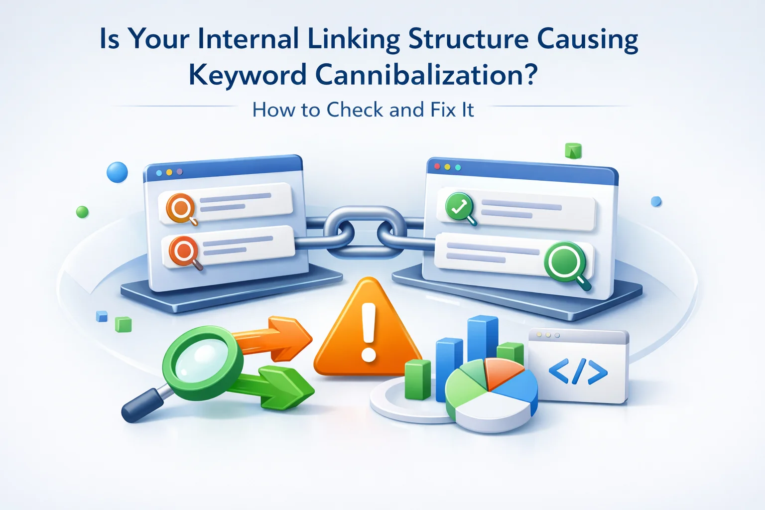 Internal linking structure causing keyword cannibalization showing how equal authority signals to competing pages prevent Google from choosing a ranking winner and how internal link hierarchy resolves it 2026