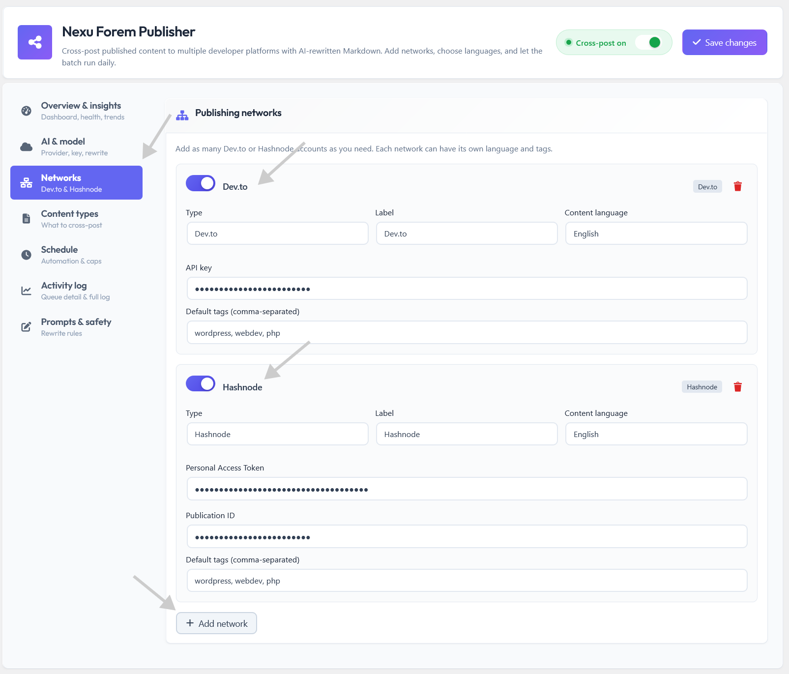 Nexu AI Cross-Post for Dev.to & Hashnode - Auto Share With AI 4 Networks tab for Dev.to and Hashnode API setup