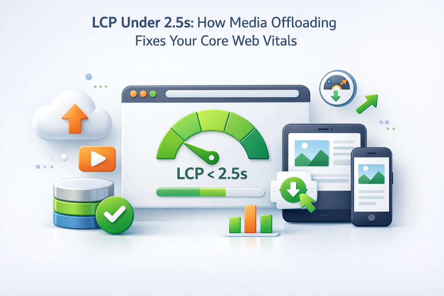 LCP under 2.5 seconds achieved through WordPress media offloading to FTP and CDN delivery - Core Web Vitals improvement guide 2026