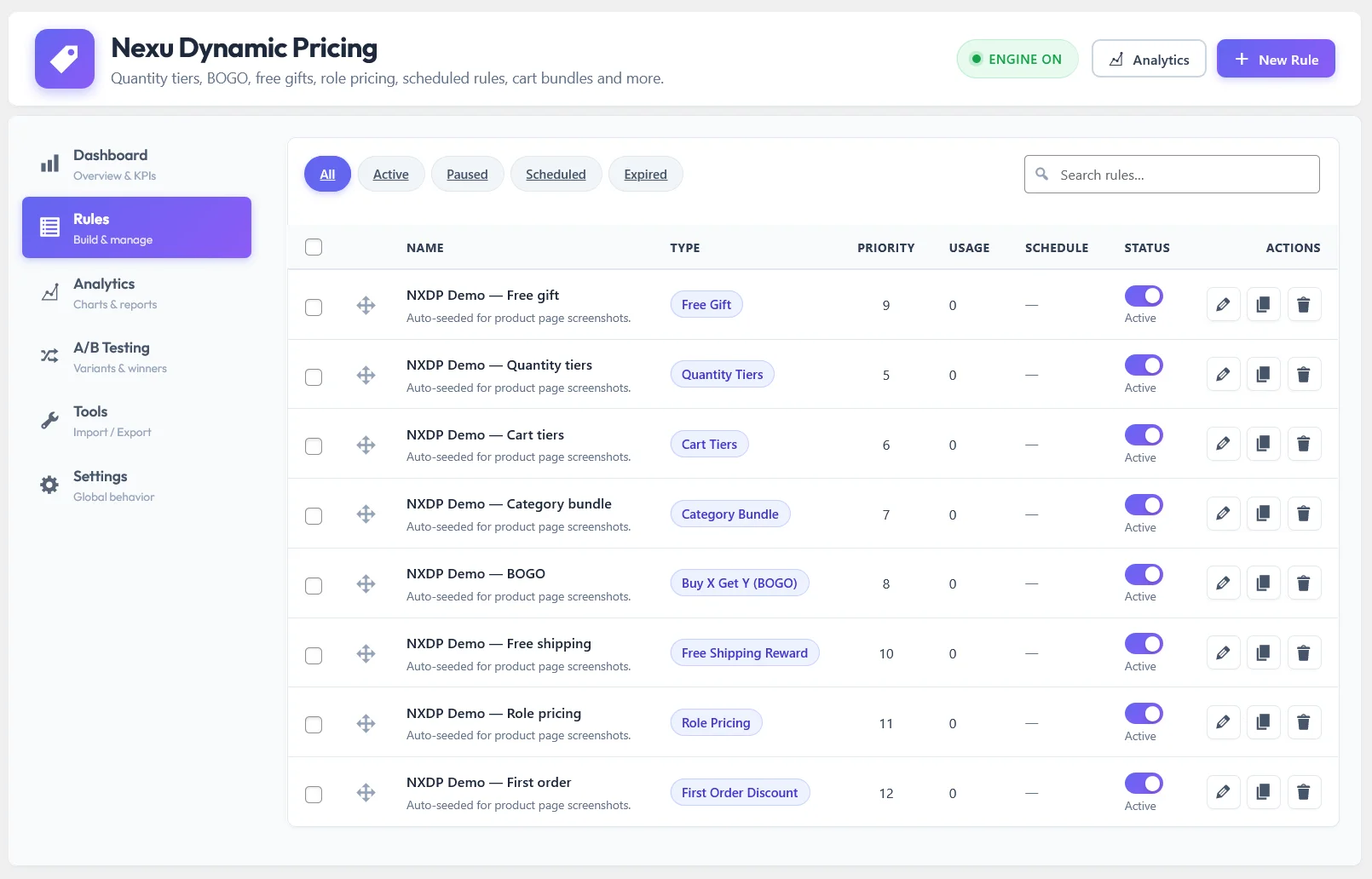 Nexu Dynamic Pricing rules list in WordPress admin
