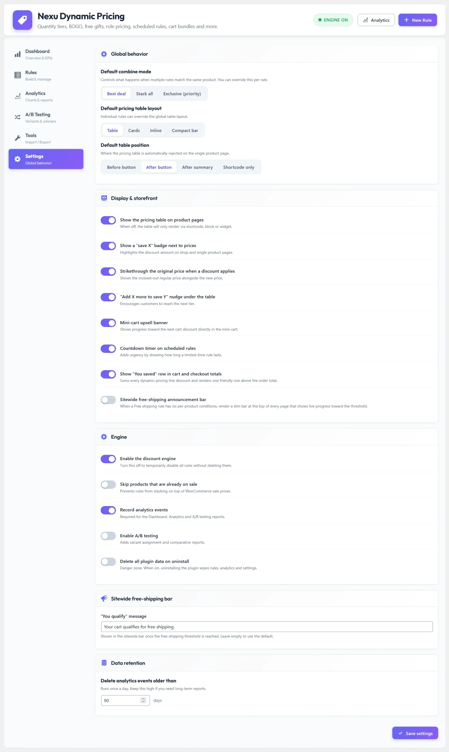 Nexu Dynamic Pricing plugin global settings tab in WordPress admin