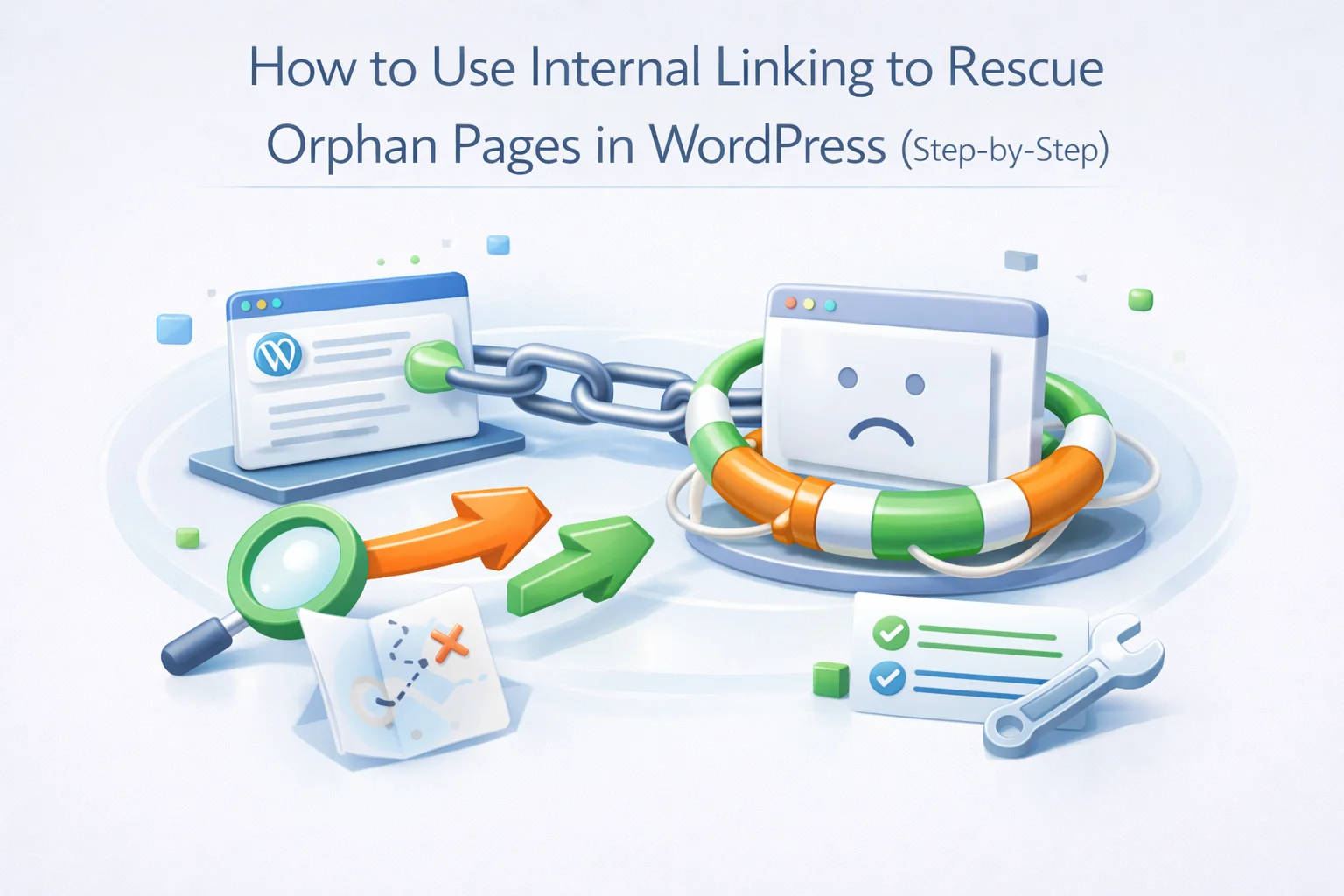 Step by step orphan page rescue in WordPress using internal linking showing how to identify prioritize and connect isolated pages to the main site network to improve crawl frequency indexation and rankings 2026