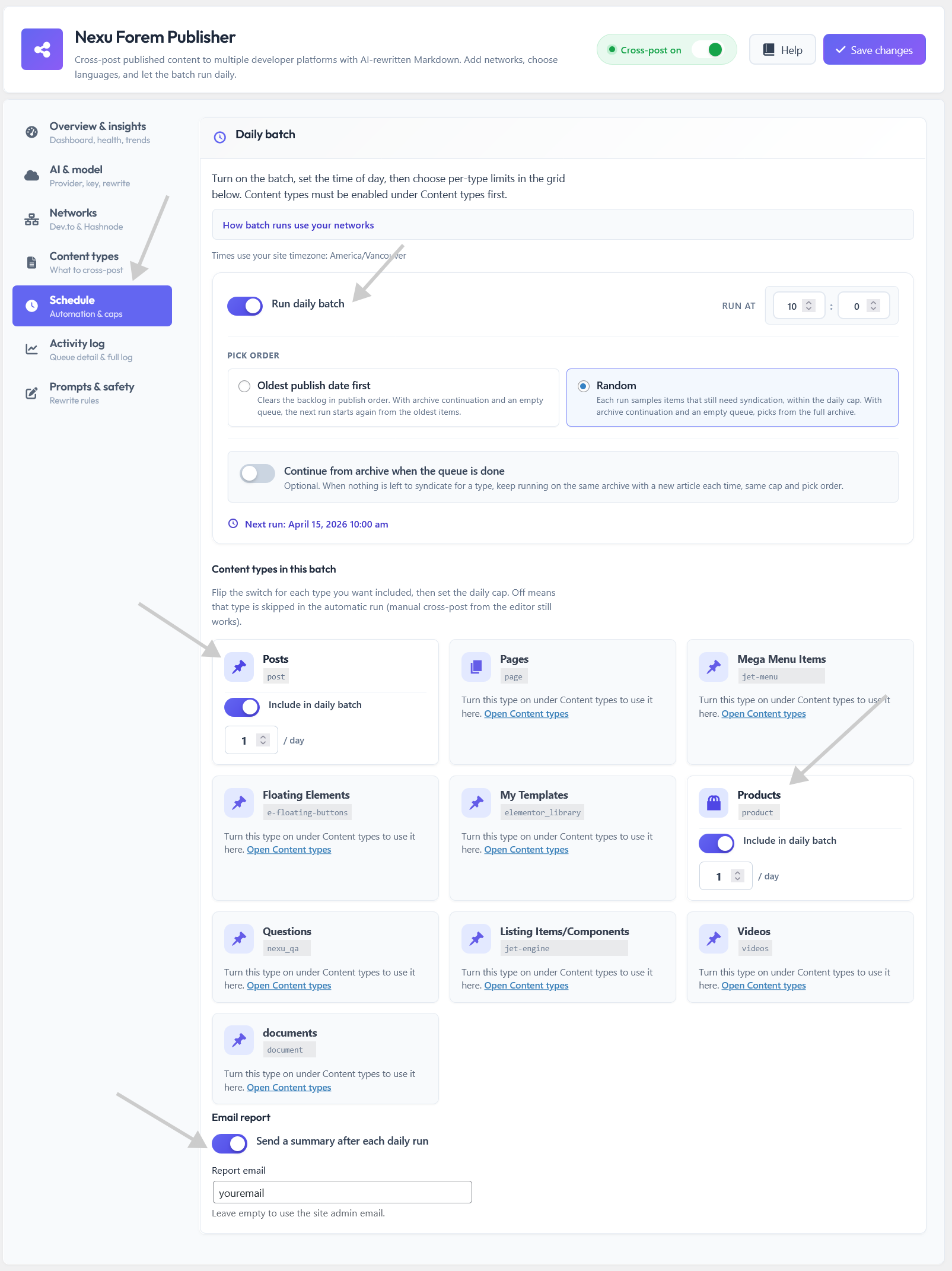 Nexu AI Cross-Post for Dev.to & Hashnode - Auto Share With AI 6 Schedule tab for daily batch and syndication timing in Nexu Forem Publisher