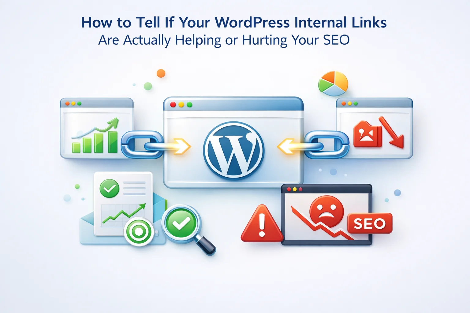 How to tell if WordPress internal links are helping or hurting SEO showing diagnostic framework for evaluating link quality authority flow anchor text and topical relevance to determine positive or negative ranking impact 2026