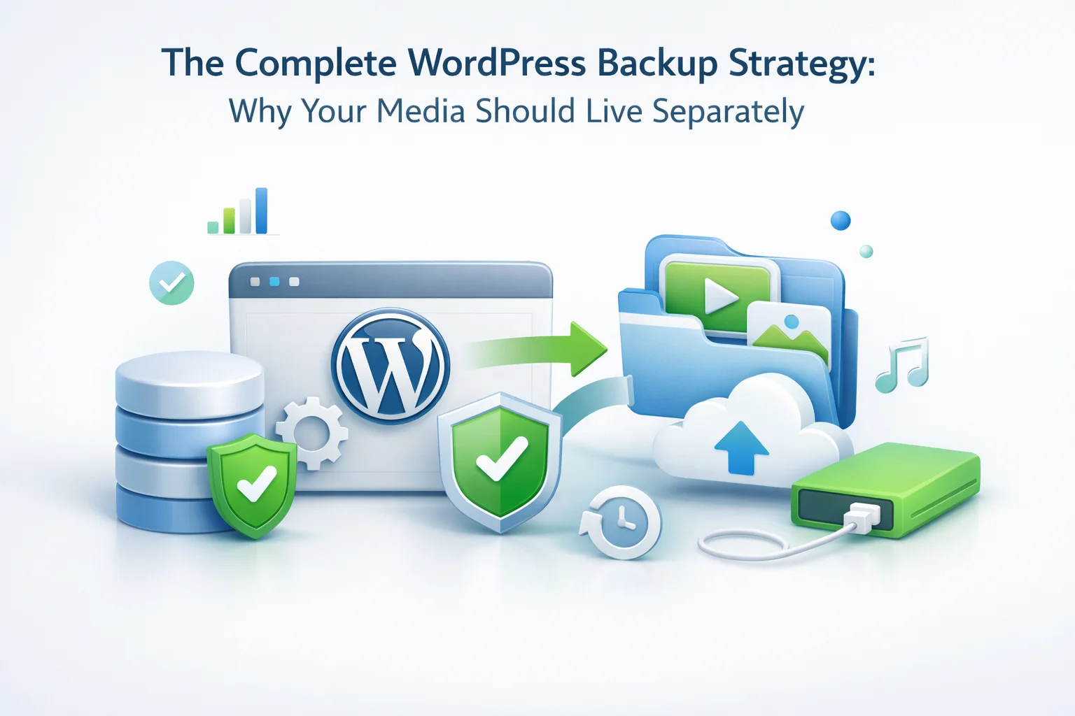 Complete WordPress backup strategy showing why media library should be stored separately from site files for faster backup and reliable disaster recovery