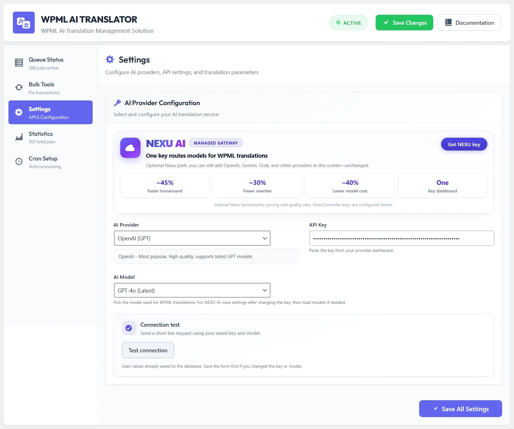 Best WPML AI Translation Plugins Compared: NEXU vs AutoMLP vs LATW (2026) 2 NEXU AI Auto Translator settings panel showing OpenAI Claude Mistral and Grok AI provider selection for WPML automatic translation