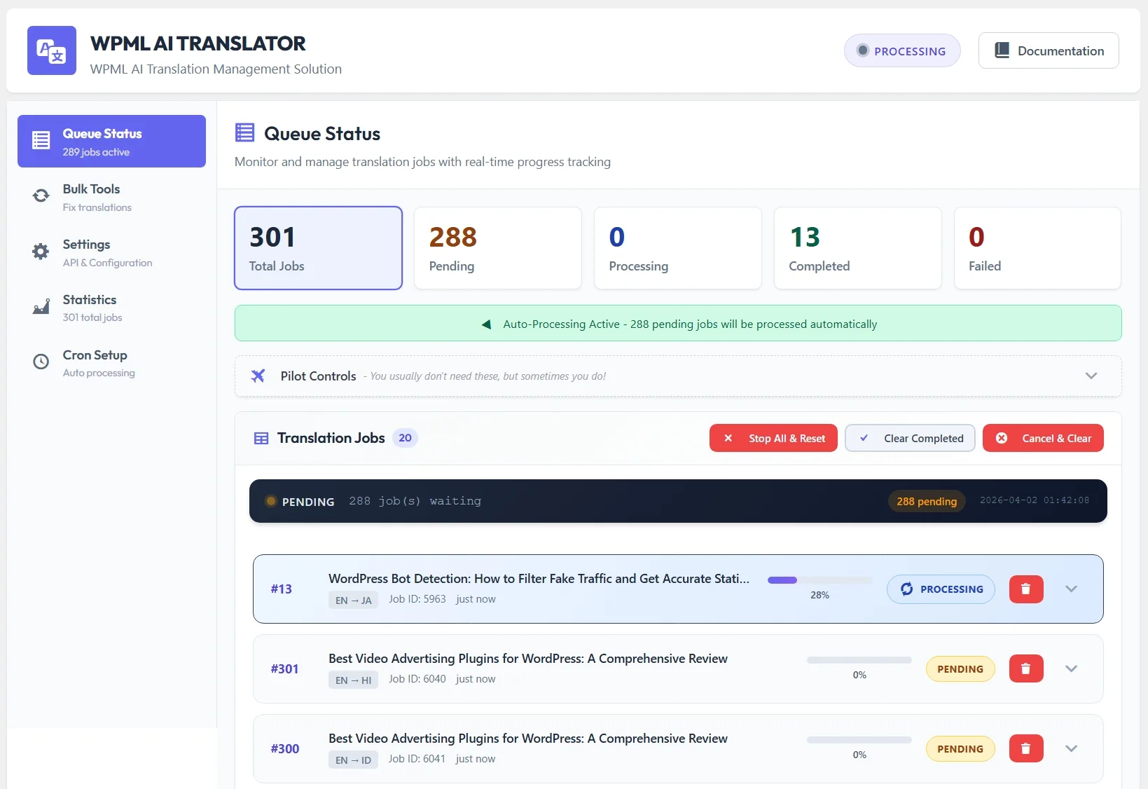 How to Monitor and Fix Failed WPML Translation Jobs Automatically 2 WPML AI translation queue dashboard showing job statuses including pending processing completed and failed with filtering and retry options
